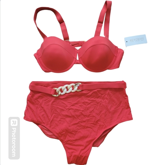 Beach Joy Red Gold Chain High Waist Bikini Set Size Large - Picture 1 of 6